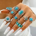 Set di 8 anelli vintage bohémien in argento con pietre turchesi e motivi solari - Stile Motivo Sole Argento Vintage (25356-blue)
