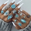 Set di anelli boho color argento con pietre turchesi e motivi geometrici in stile vintage - Stile Totem Etnico (26425-blue)