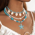Close-up of layered beaded necklace set featuring starfish charms and natural shell details - Three-Layer Blue White Shell Starfish (28614-suit-blue)