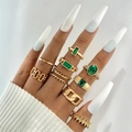 9-teiliges goldenes Vintage-Ring-Set mit smaragdgrünen Steinen und Panzerketten-Muster - Vintage Grün Gold 9-teiliges Set (26517-gold)