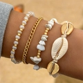 Set de tobilleras bohemias de varias capas con conchas blancas y cadenas de metal dorado - Estilo de Pulsera Boho Blanco Dorado (9426-A-gold)