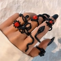 Set di 7 anelli gotici neri con serpente, farfalla e dettagli in pietra rossa - Set da 7 Pezzi Serpente Ciliegia Girasole (25503-black)