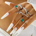 6-teiliges silbernes Ring-Set mit smaragdgrünen Steinen und flüssigem Metalldesign - Silber Smaragdgrün 6-teiliges Set (25140-silver)