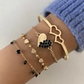 Set di bracciali a cuore stile francese dorato con cristalli neri e ciondoli raffinati - Set da 4 Pezzi Cuore e Pietra Nera (25912-gold)