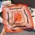Detail of orange paisley silk square scarf with vintage patterns on plush background - 70x70cm / Orange (W-437)
