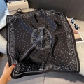 Close-up of black and white paisley heart silk scarf with premium edge stitching detail - 70x70cm / Satin Black (W-438)