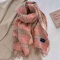 Pink and brown checkered cashmere-feel tassel scarf styled on a winter coat - Pink (FYR-282-Pink)