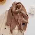 Detail of classic houndstooth scarf with tassels and elegant blue fabric label - Tan