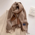 Detail of checkered tassel scarf with Elegant & Classic label on wool coat - Blue-Brown