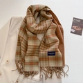 Dettaglio di sciarpa a quadri effetto cashmere con frange ed etichetta tessuta - Marrone Verde