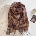 Detail of plaid scarf with tassels on beige blazer, featuring Elegant & Classic label - Coffee (FYR-297-Coffee)