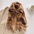 Checkered cashmere scarf with tassels and elegant label on wool coat background - Dark Brown