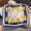 Detail of silk-satin scarf with navy polka dots and yellow floral patterns on white faux fur - 70cmx70cm / Deep Blue (W-409)