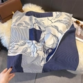 Detail of silk-feel square scarf with navy blue horse pattern and realistic leaf motifs - 70cmx70cm / Blue (W-412)