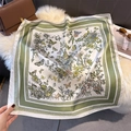Detailed view of square faux silk scarf featuring green borders and floral butterfly patterns - 70cmx70cm / Yellow Green (W-422)