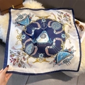 Detail of baroque silk-like scarf featuring navy borders and classical jewelry print - 70cmx70cm / Navy Blue (W-431)