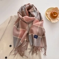 Pink and grey plaid cashmere-like scarf with fringe on a beige coat for a warm winter look - 54*206cm / Pinkish Grey