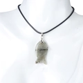 Fish-shaped grey-green natural gemstone pendant necklace with black cord on mannequin - Labradorite (With Cord)