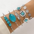 Five-piece vintage silver bohemian bracelet set with turquoise and feather carvings - Silver Blue