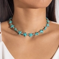Close-up of turquoise starfish beaded necklace on model neck for summer beach style - Turquoise Starfish Silver Bead Necklace (25660-blue)