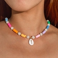 Detail of beaded shell necklace with colorful clay discs and starfish beach jewelry - Colorful Soft Clay Pearl Shell Pendant (29456-colour)