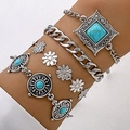Vintage silver-plated bohemian bracelet set with turquoise stones and floral engravings - Antique Silver Blue Daisy