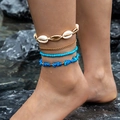 Bohemian 4-piece anklet set with blue stones, golden shells, and beads for beach style - Sky Blue Ocean Style (9426-blue)