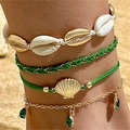 Bohemian seashell anklet set featuring green beads and golden scallop shell charms - Emerald Green Beach Style (26765-green)