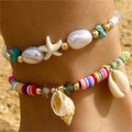 Bohemian beach anklet set featuring natural shells, starfish, and turquoise beads - White Starfish Pendant Style (26538-colour)