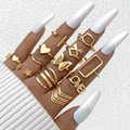 Golden 12-piece geometric stackable ring set with heart butterfly and star shapes - Heart Butterfly Letter Gold Style (25409-gold)