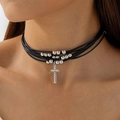Gotische mehrlagige schwarze Kordelkette mit Silberperlen und Kristallkreuz-Anhänger - Mehrlagiges Schwarz (25836-nek-black-1-EP)