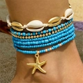 Tobillera bohemia de varias capas con cuentas azules, conchas naturales y dije de estrella - Tobillera Azul