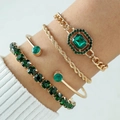 Stacked gold bracelet set with emerald green crystals and diamond accents for women - Emerald Gemstone Four Piece Gold Layered Bracelet Set (25791-green)