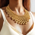 Statement chunky gold bead bib necklace with multi-layer polished metal spheres - Gold Beaded Layered Style (29420-G)