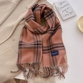 Detail of pink plaid scarf with elegant classic label and tassel on beige coat - 54*206cm / Khaki