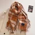 Classic orange and beige checkered scarf with fringe tassels on a soft wool coat - Dark Brown (FYR-293-Dark Brown)
