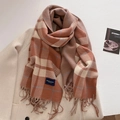 Detail of plaid scarf featuring fringed edges and Elegant Classic woven label on wool coat - Light Brown (FYR-293-Light Brown)