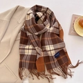 Detail of thick plaid scarf with fringe on wool coat and lifestyle props - 206cmx54cm / Deep Brown (FYR-287-Deep Brown)