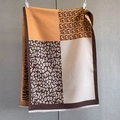 Detailed view of horse motif pashmina scarf with leopard print and fringe tassels - 185*65cm / Brown