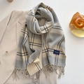 Close-up of elegant plaid scarf with fringe edges and classic navy blue fabric label - Light Grey (FYR-295-Light Grey)