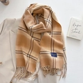Detail of plaid scarf featuring camel and beige checkered patterns and handmade fringe - Brown (FYR-295-Brown)