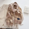Detail of checkered cashmere-feel scarf with tassels and an elegant woven label - Khaki (FYR-295-Khaki)