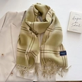 Detail of plaid cashmere-like scarf with fringe edges and brand label on a coat - Green (FYR-295-Green)