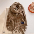 Close-up of brown and green plaid scarf texture with handmade tassels on wool coat - Brown Green (FYR-292-Brown Green)