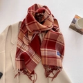 Classic British style plaid scarf in red and beige with decorative fringe tassels - Red