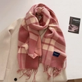 Pink and beige plaid tassel scarf with Elegant Classic label on a wool coat - Pink (FYR-293-Pink)