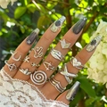 Bohemian silver ring set with star cactus and heart charms worn in natural sunlight - Retro Horseshoe Silver Style (26633-silver)