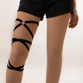 Black cross elastic thigh ring with golden metal loop for sexy gothic leg styling - Black Ring Connection Style (24749-black(round))