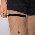 Black velvet thigh chain with gold strands and a green drop pendant for women - Gold Green Drop Style (24937-gold)