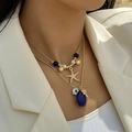 Layered gold necklace featuring starfish and palm tree charms with blue evil eye beads - Starfish & Palm Tree & Blue Stone Style (26750-blue)